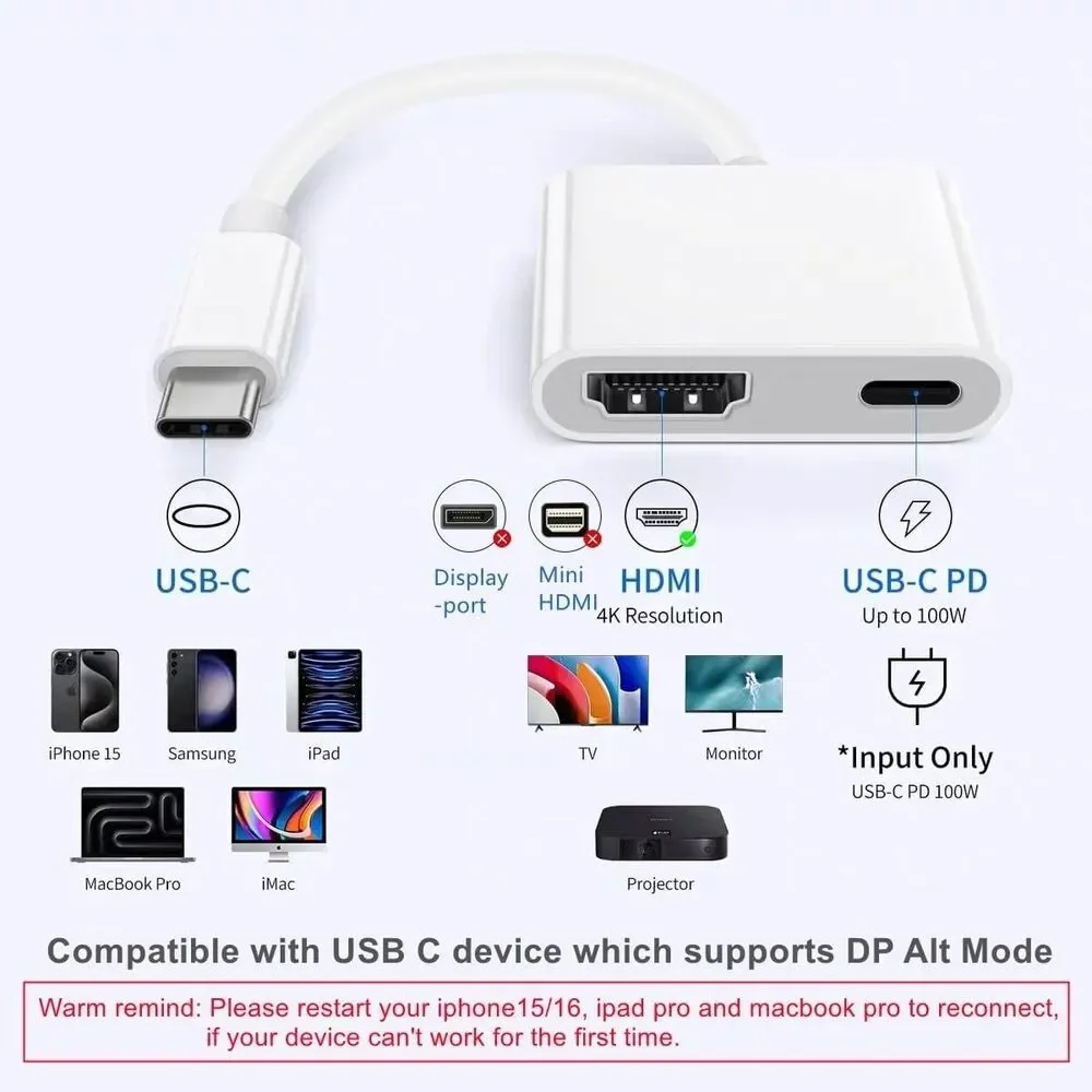 USB-C to HDMI Adapter 4K@60Hz - 100W PD Fast Charging - For iPhone 16/15 Mac